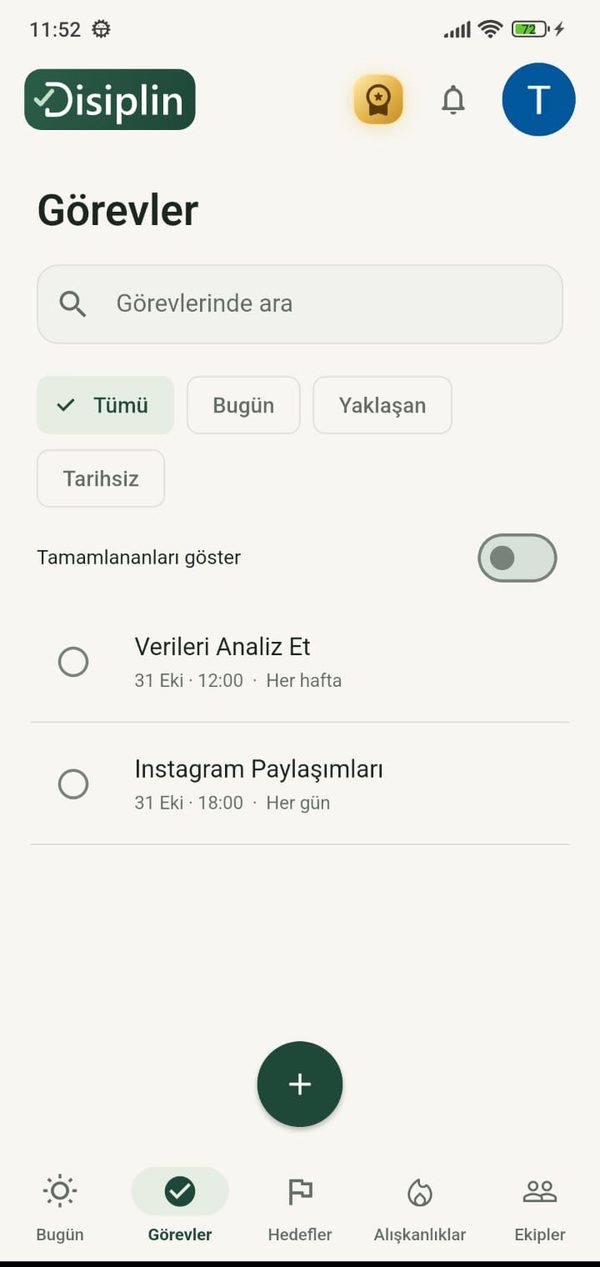 Görevler ekranı: tekrar eden görevler ve filtreler