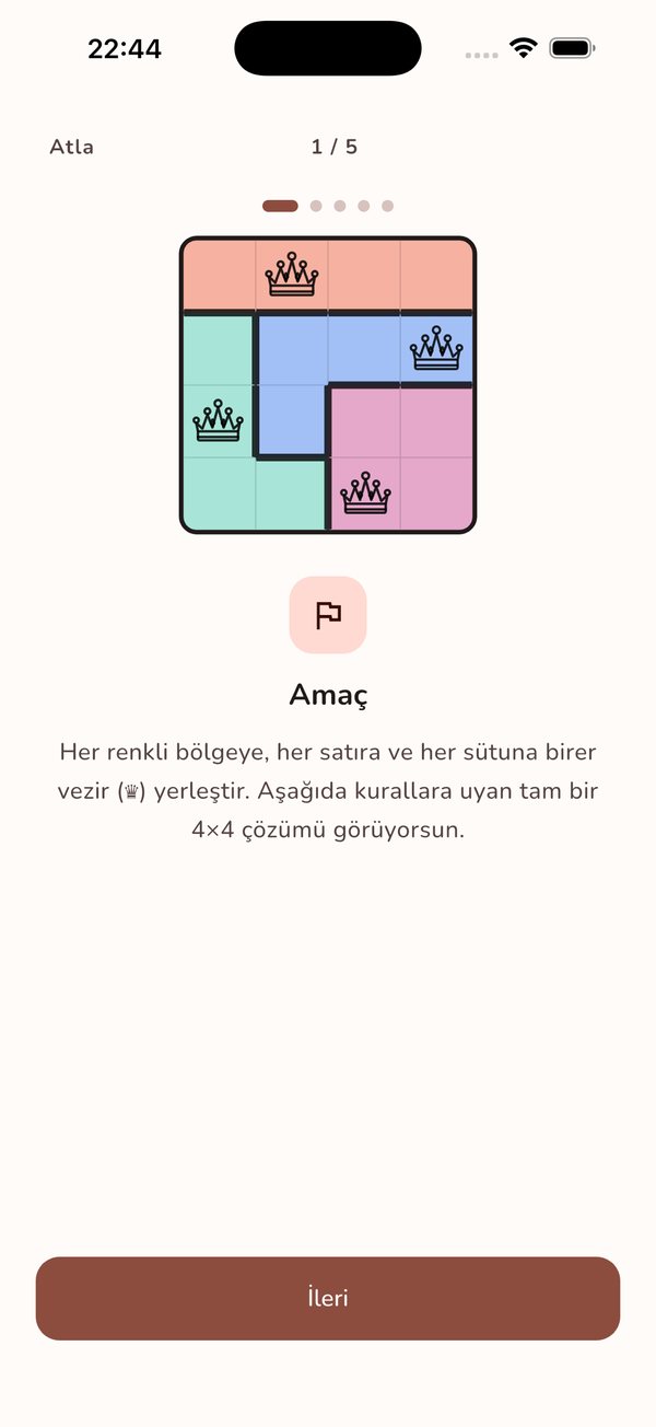 Nasıl oynanır ekranı: her renkli bölgeye, satıra ve sütuna birer vezir yerleştir