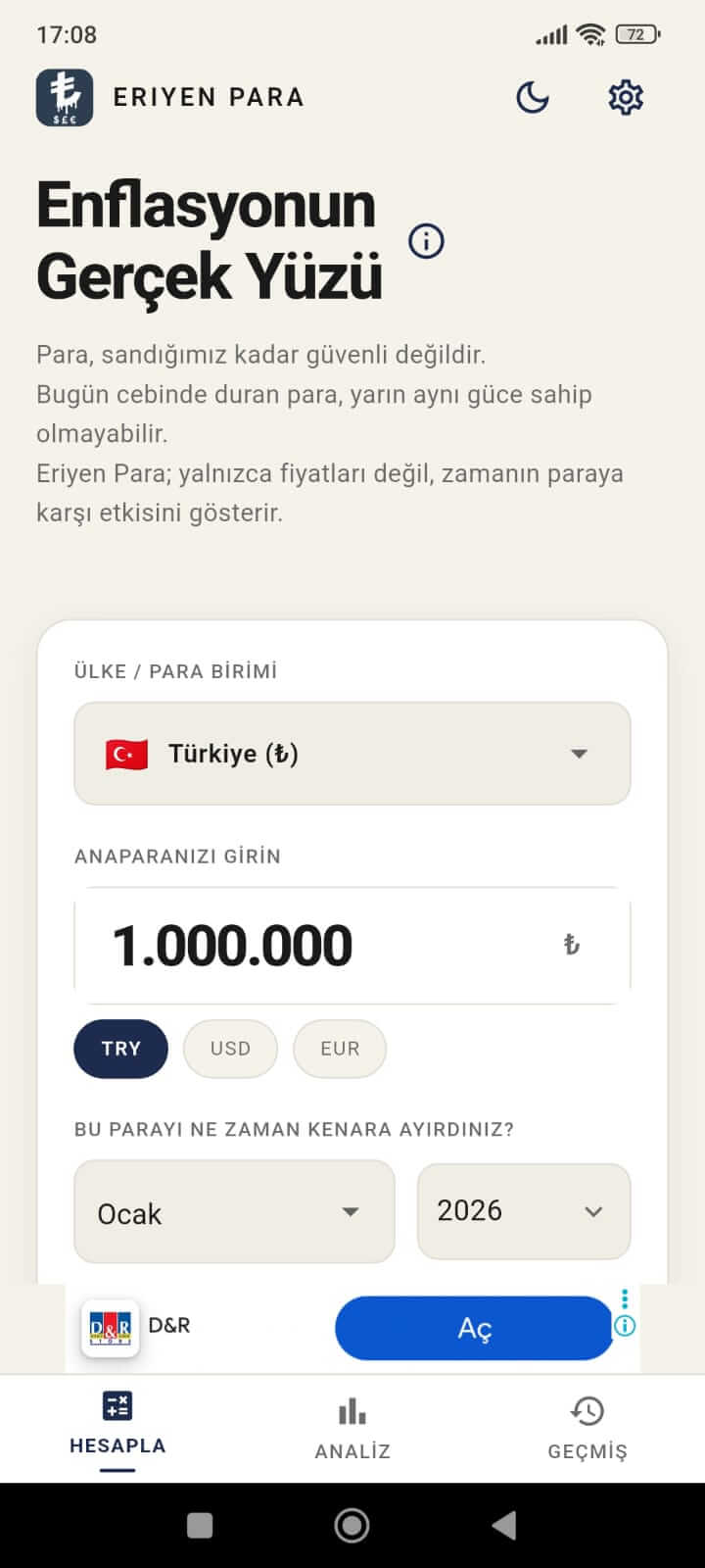 Eriyen Para uygulaması ana ekranı