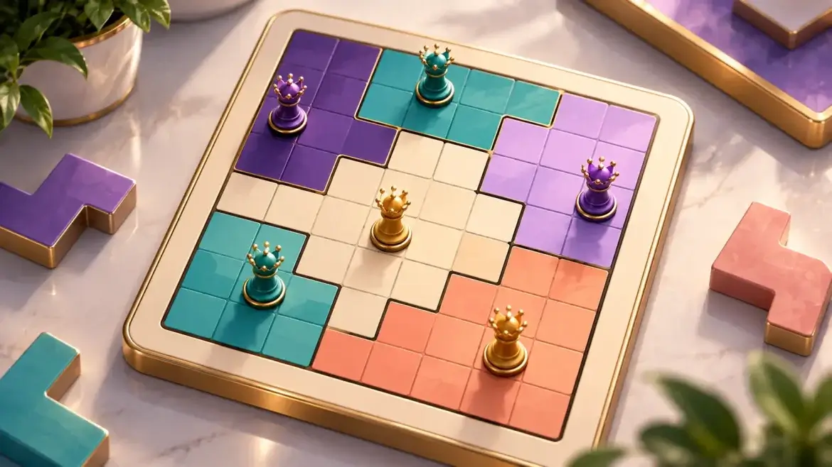 Noble Queens tarzında renkli bölgeler üzerinde kraliçe yerleştirmeye dayalı mantık bulmacası.